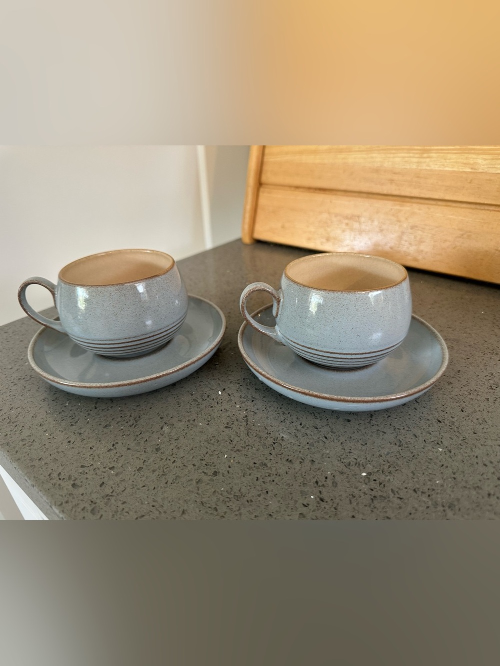 Denby Stoneware Espresso Cup and Saucer Set in Speckled Light Blue